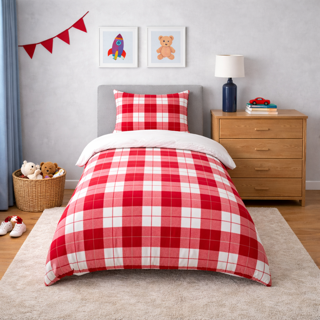 Children's bedroom with red and white checkered bedding, wooden nightstand, and toys.