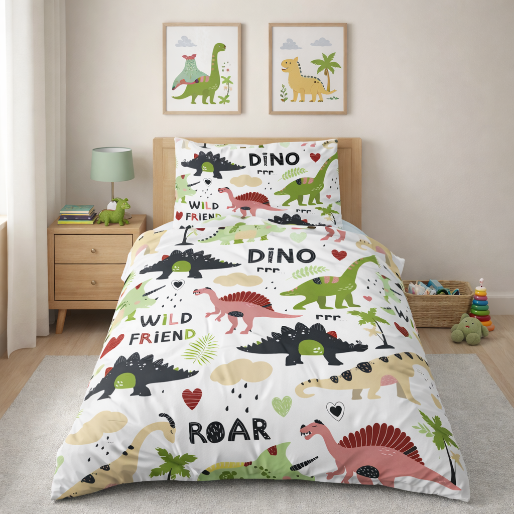 Dinosaur design duvet cover and pillowcase in a bedroom setting