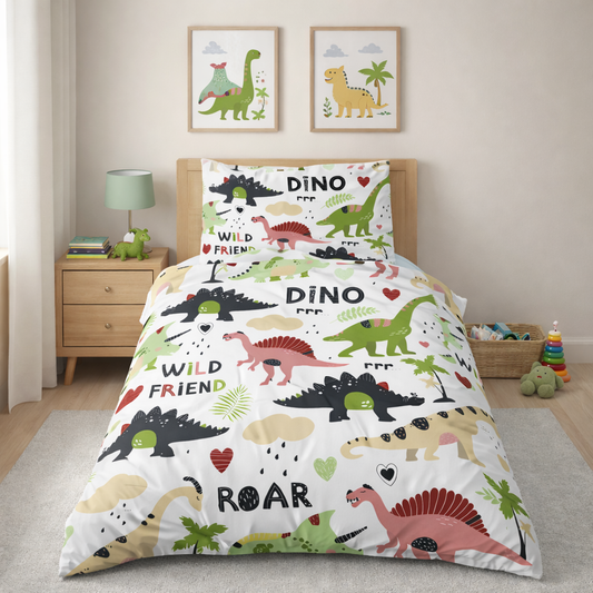 Dinosaur design duvet cover and pillowcase in a bedroom setting