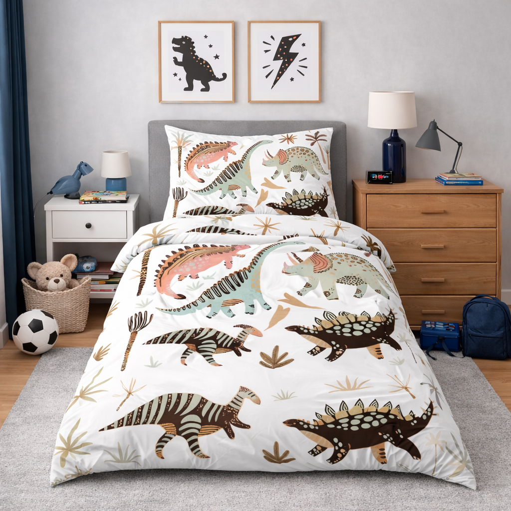 Children's bedroom with dinosaur-themed bedding and decor