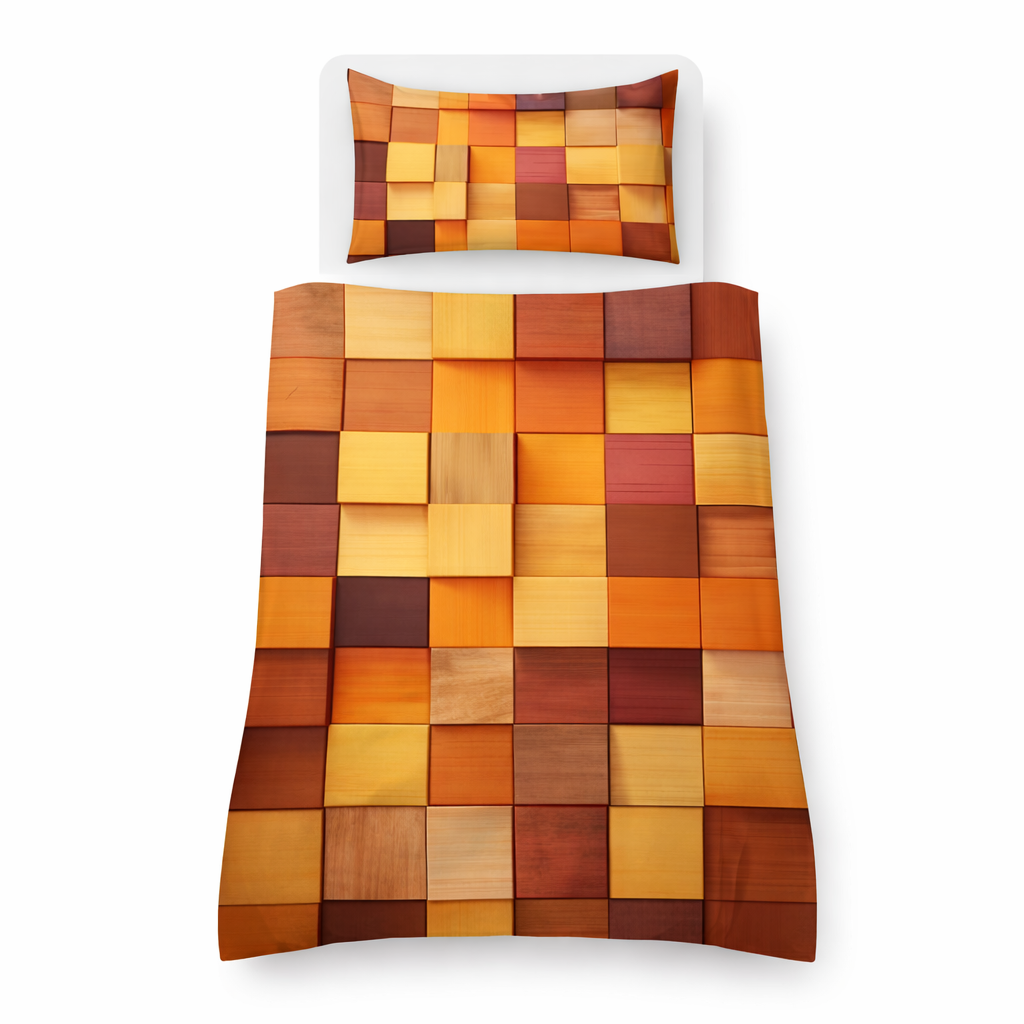 Orange square geometric duvet cover and pillowcase on a white background