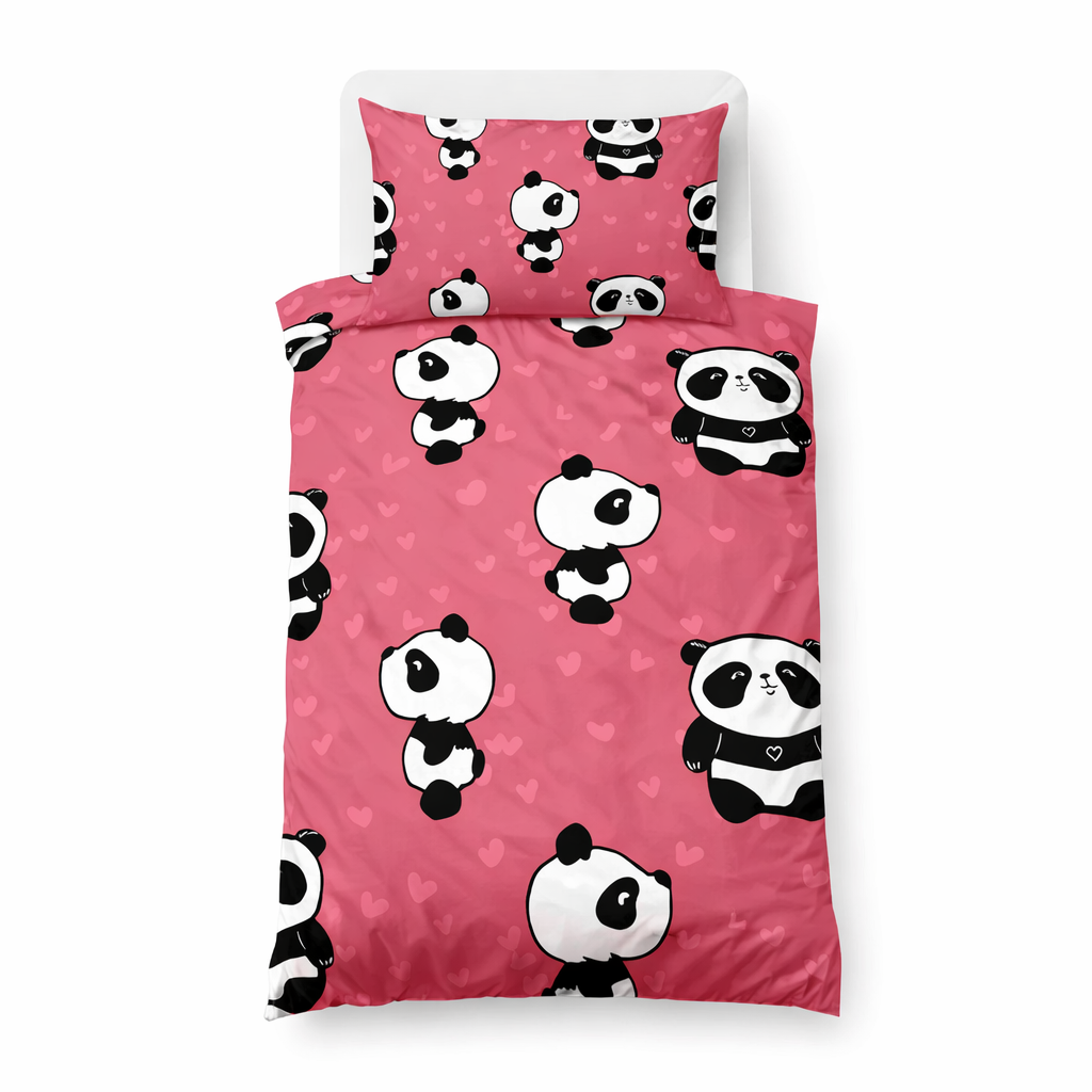 Pink Panda design duvet cover and pillowcase on a white background