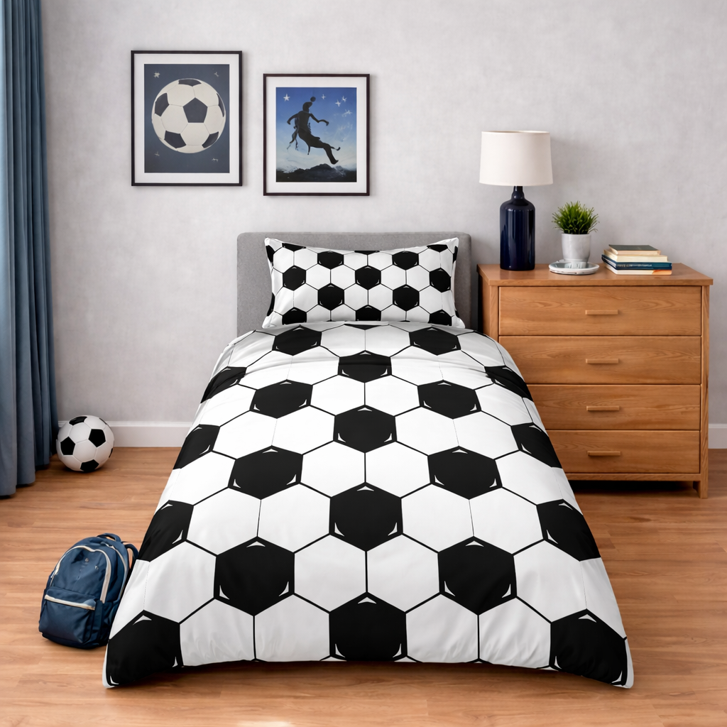 Bedroom with soccer-themed bedding and decor