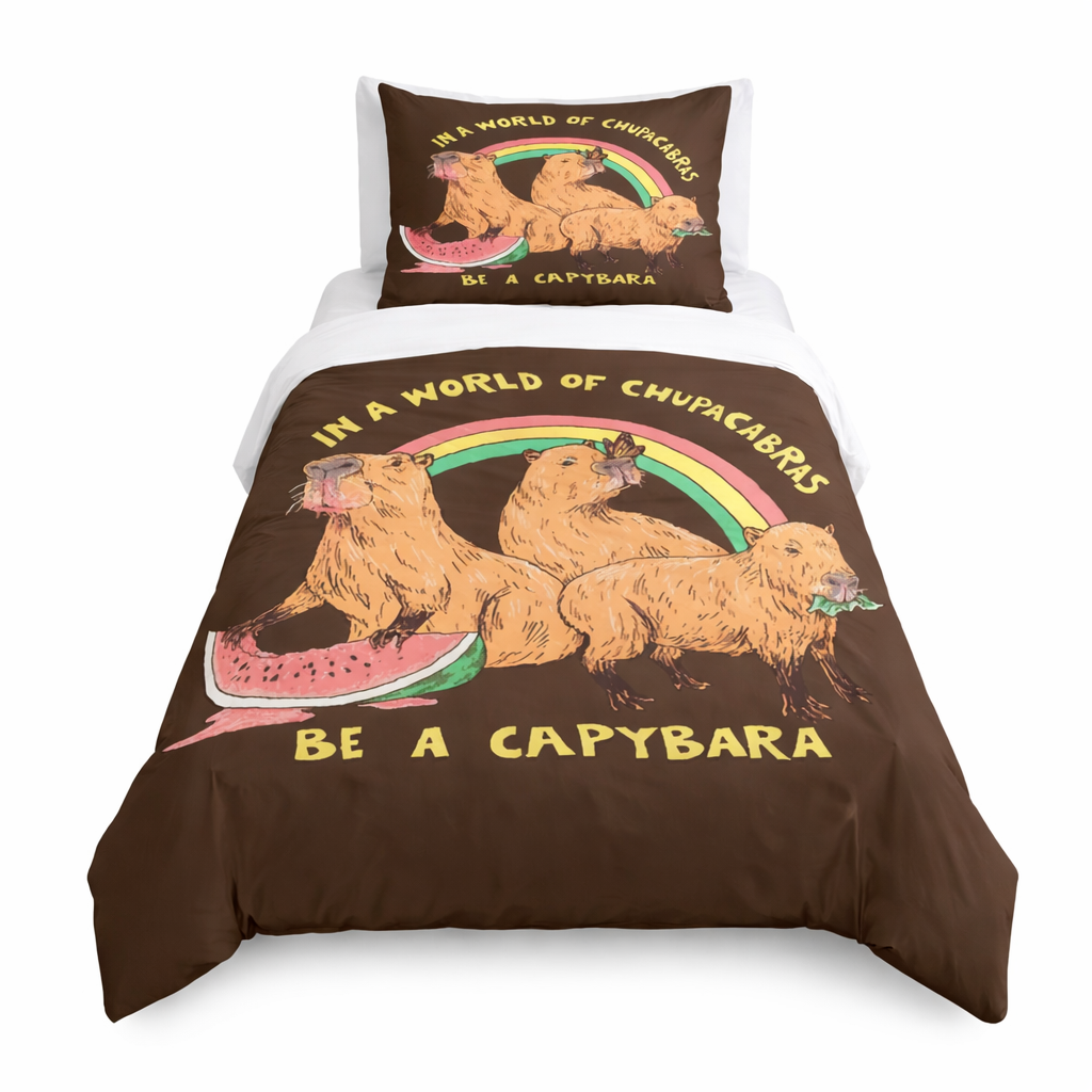 Capybara-themed bedding set with rainbow and watermelon design on a white background