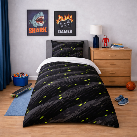 Children's bedroom with shark and gamer-themed posters, black and yellow bedding, and wooden furniture.