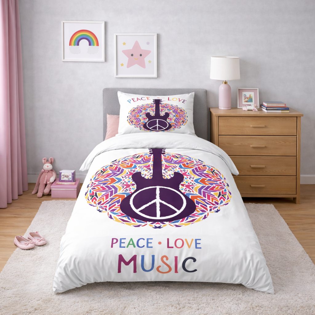 Bedding set with peace, love, music design in a bedroom setting