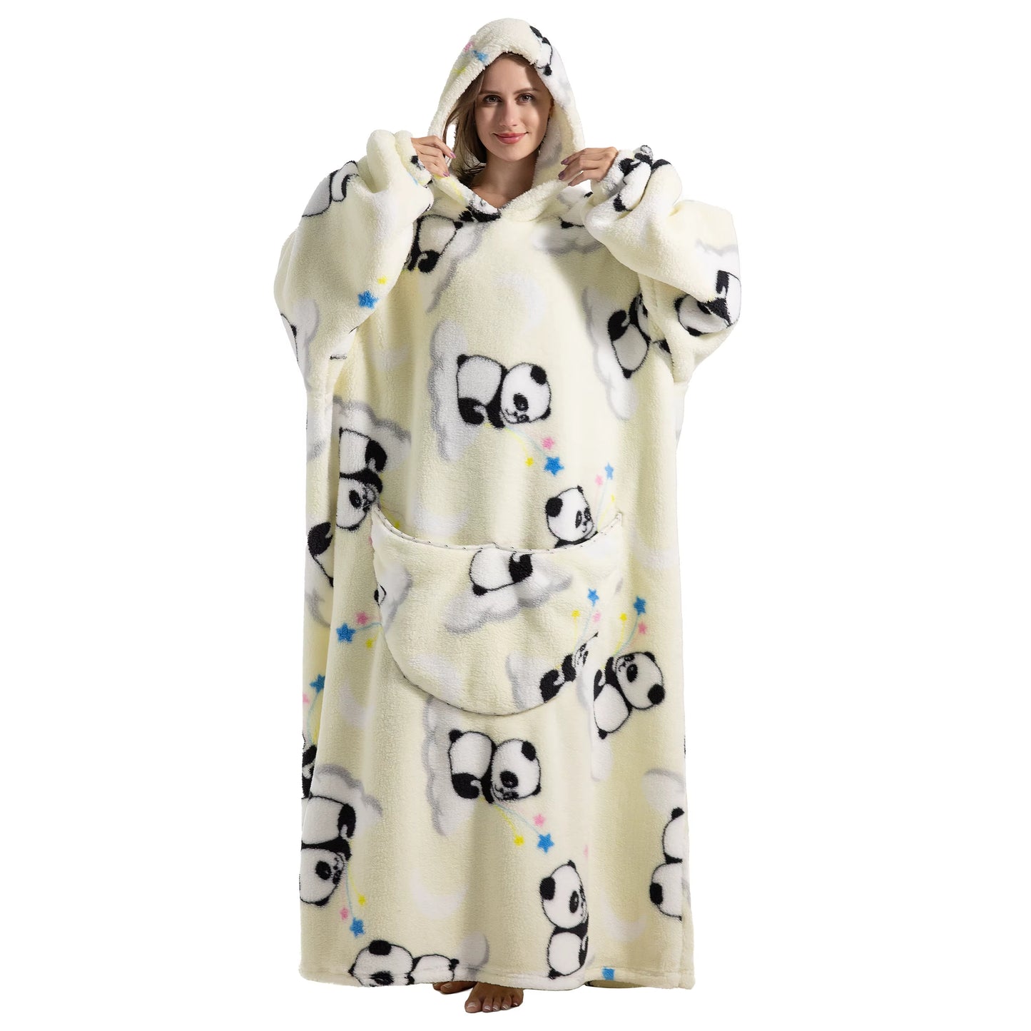 Person wearing a panda-themed hooded blanket on a white background
