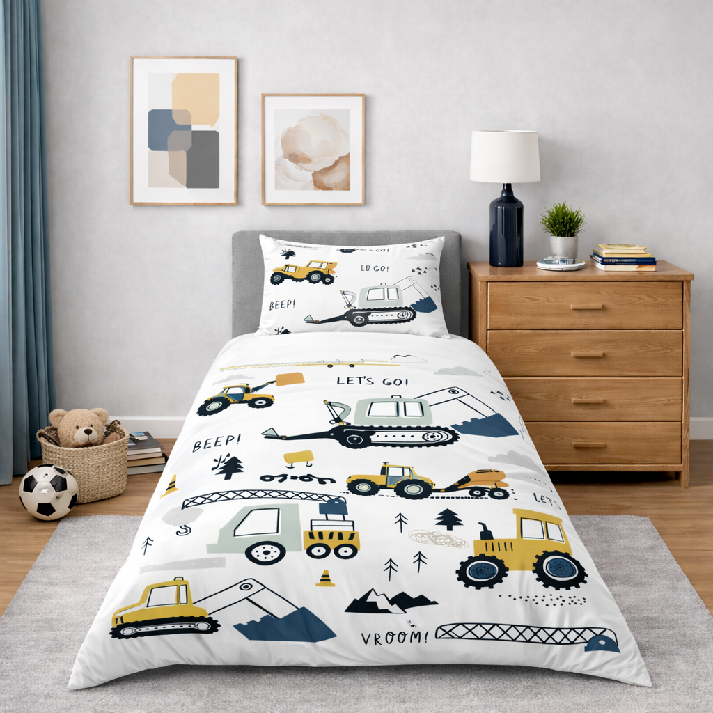 Children's bedroom with a bed featuring a truck-themed bedding set, nightstand, and decor.