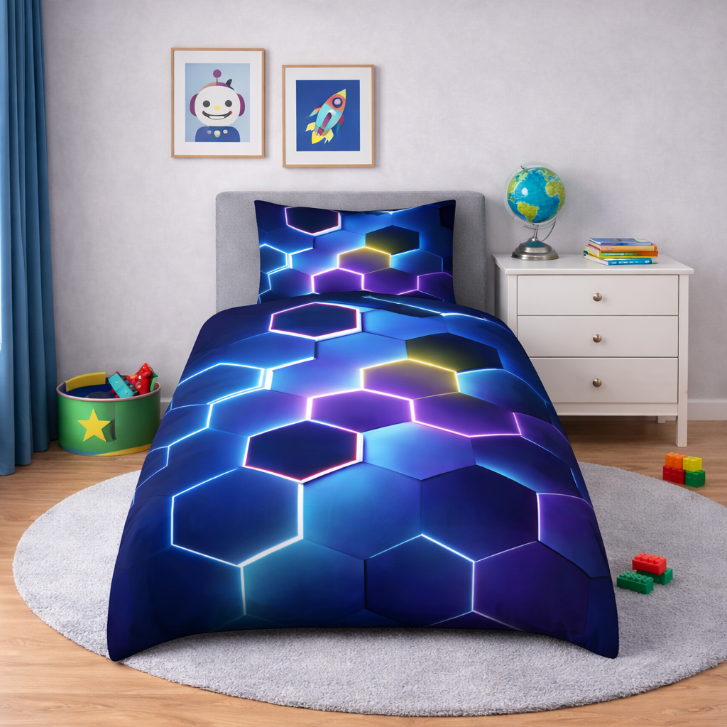 Neon coloured geometric duvet set in a bedroom setting