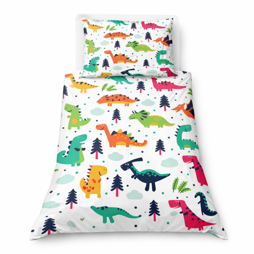 White duvet set with colourful dinosaurs and matching pillowcase on a white background