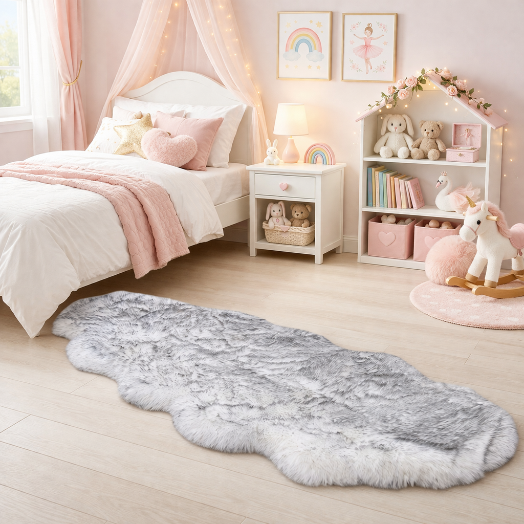 Children's bedroom with a fluffy grey rug, bed, and toys.