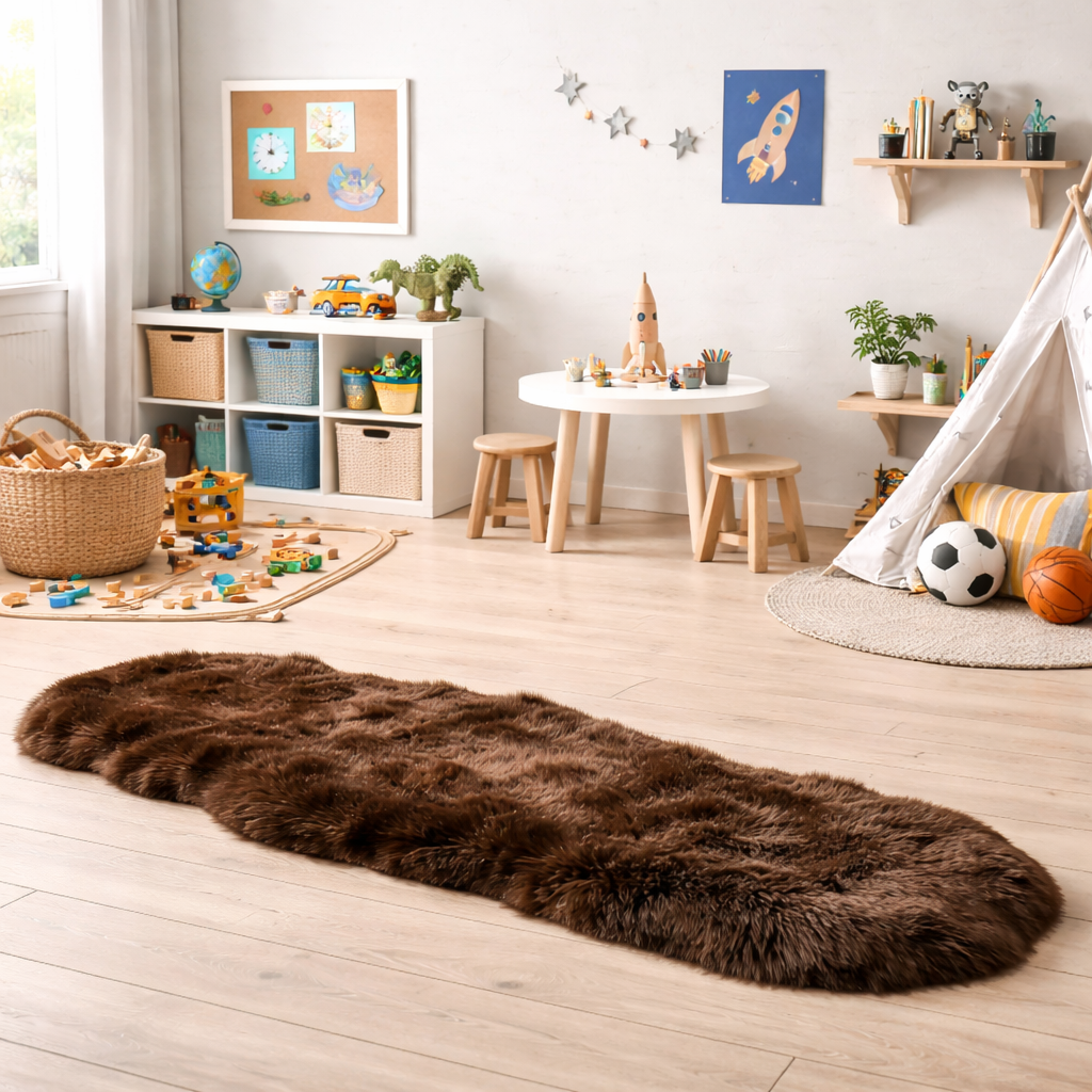 Brown faux fur rug on a wooden floor with a child's playroom in the background.