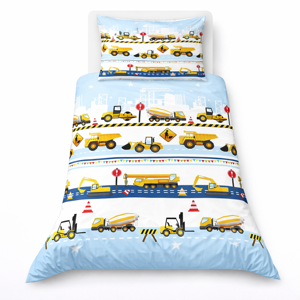 Children's bedding set with construction vehicle pattern on a blue background