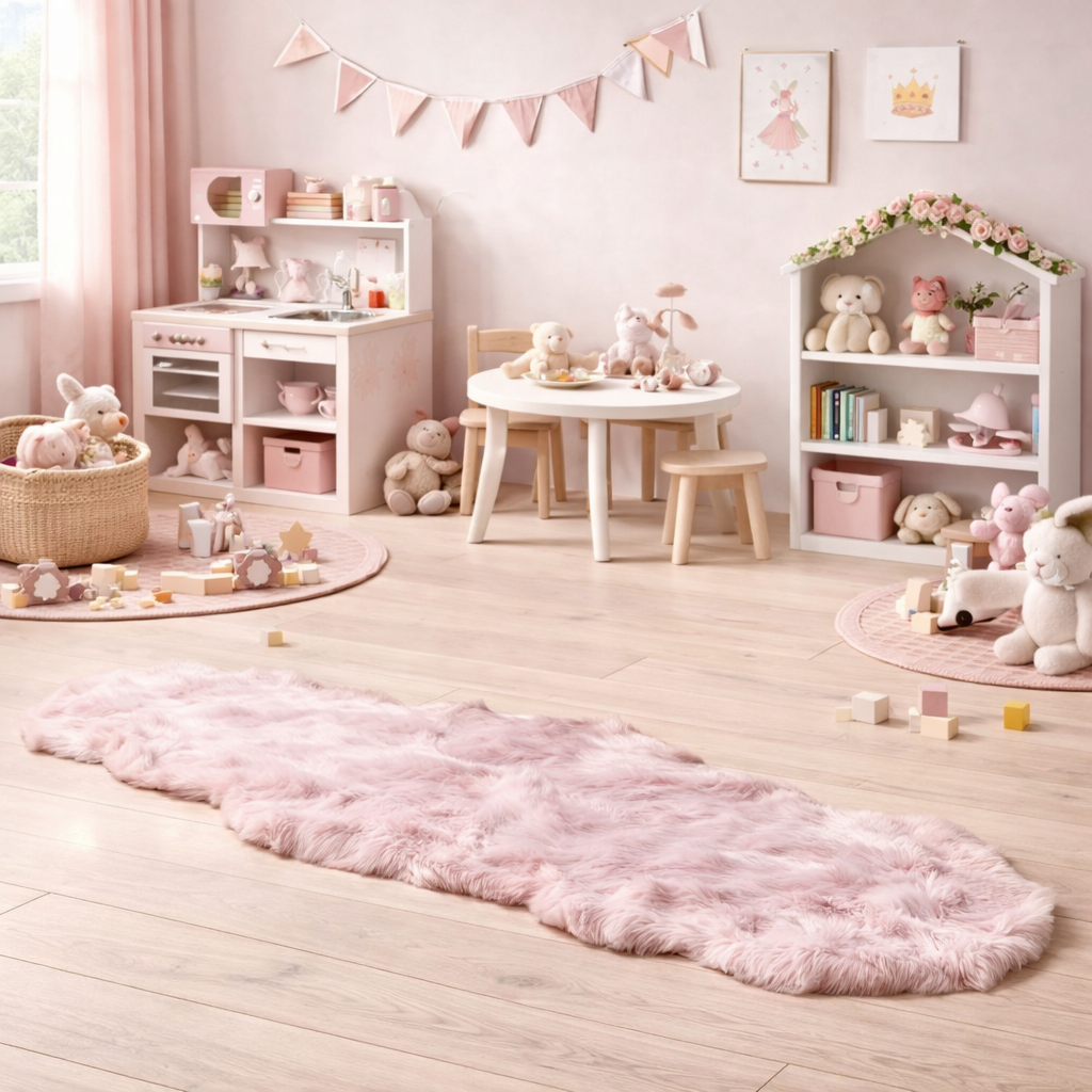 Children's playroom with pink rug, toys, and furniture.