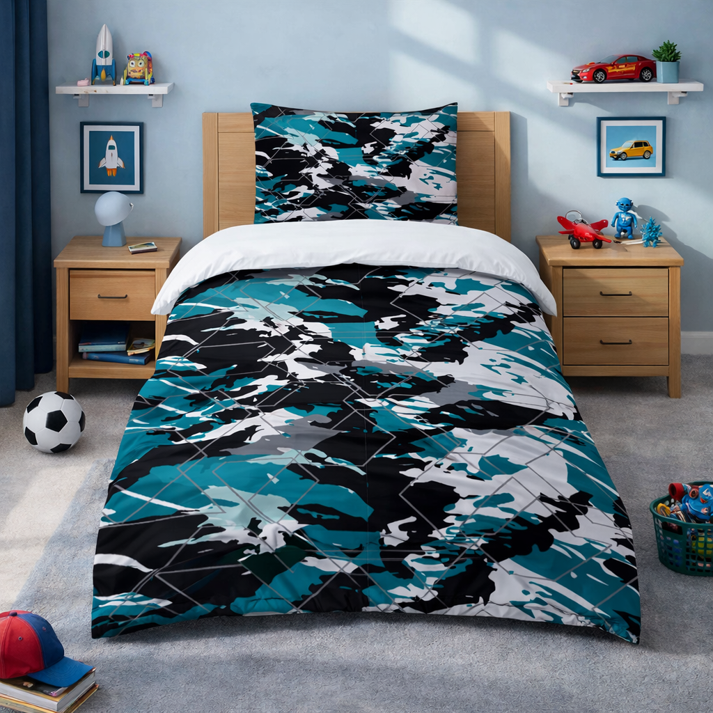 Multicoloured camo design single bedding set in a cosy bedroom