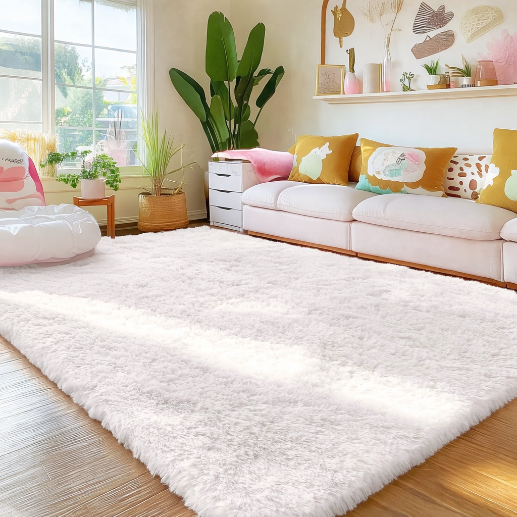 Living room with a white shaggy rug, colorful cushions on a sofa, and decorative plants.