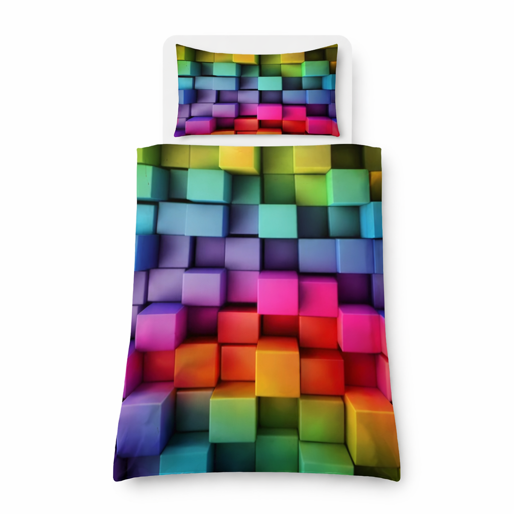 Colourful cube duvet cover and pillowcase set on a white background