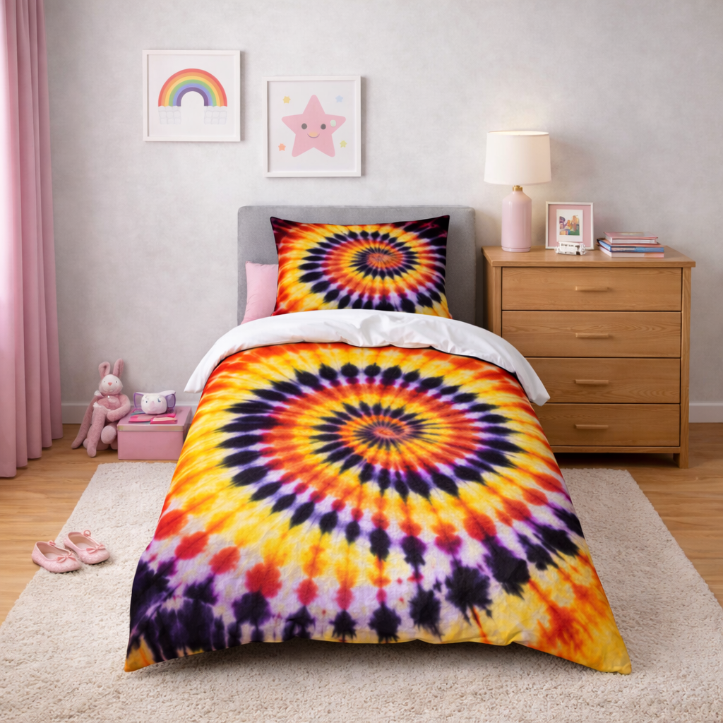 Tie-dye bedding set on a bed in a room with a nightstand and decor items.