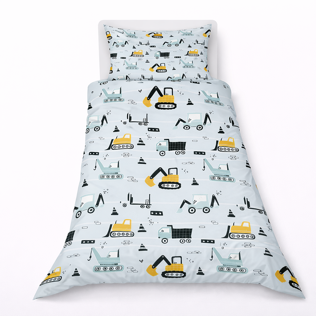 Children's bedding set with construction vehicle pattern on a white background
