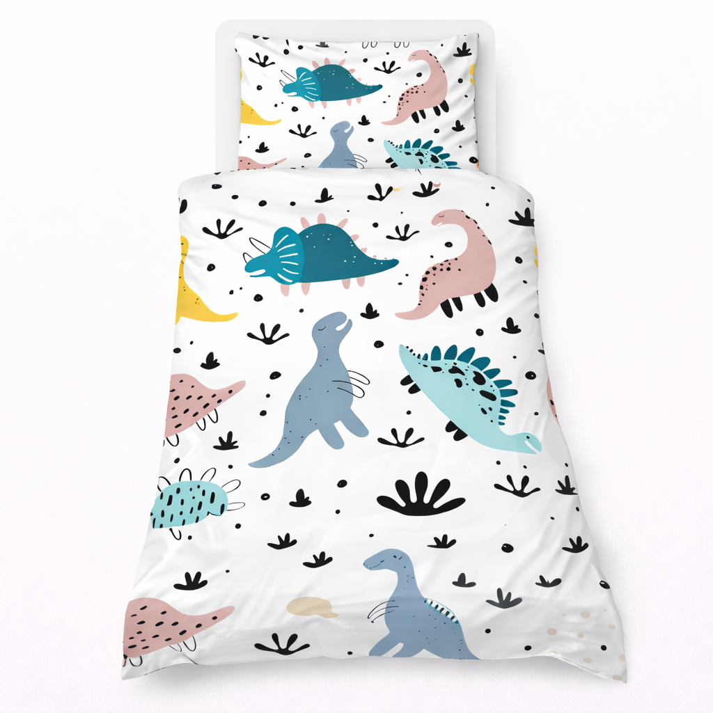 Children's dinosaur-themed bedding set on a white background