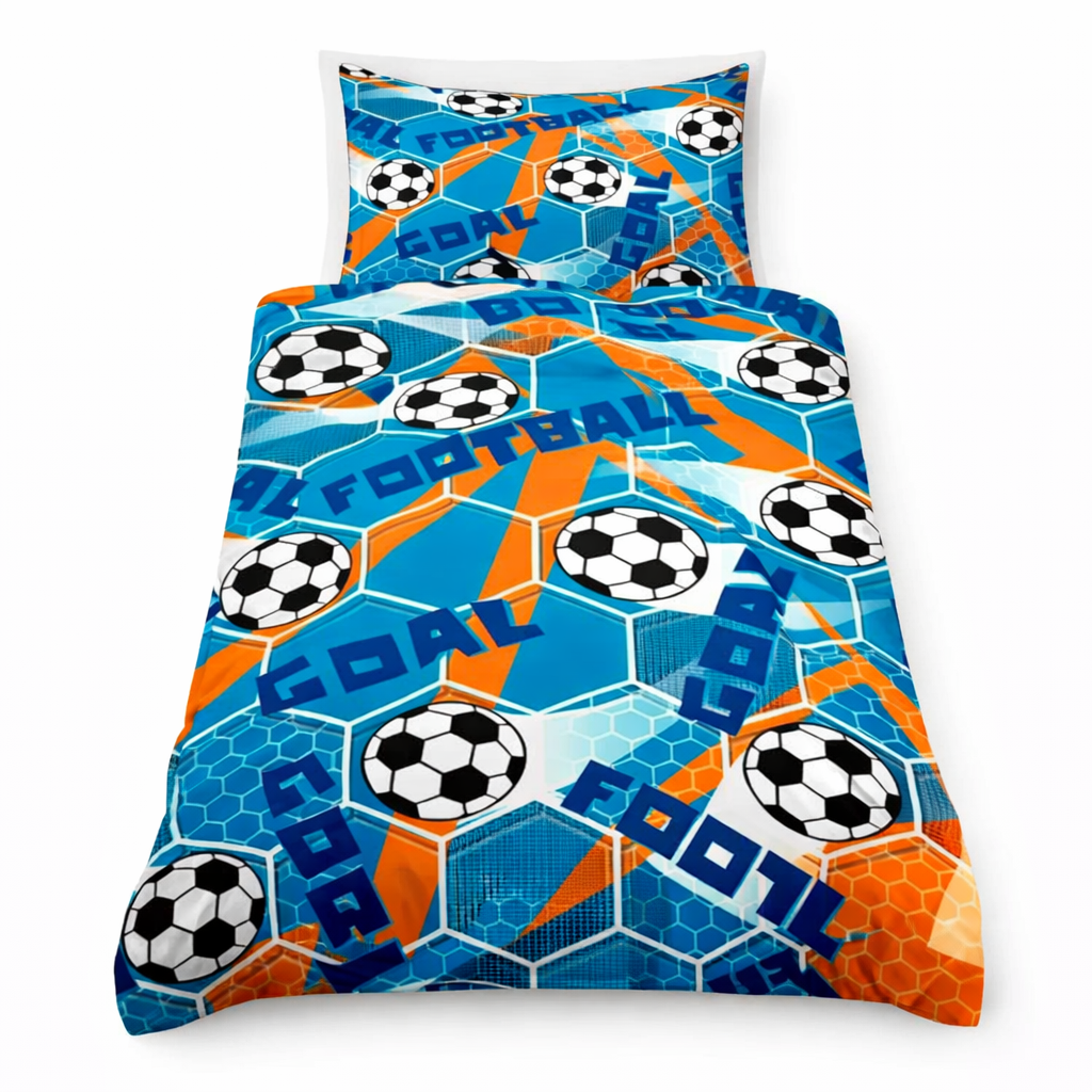 Children's bedding set with soccer ball and 'GOAL' design on a blue and orange background.