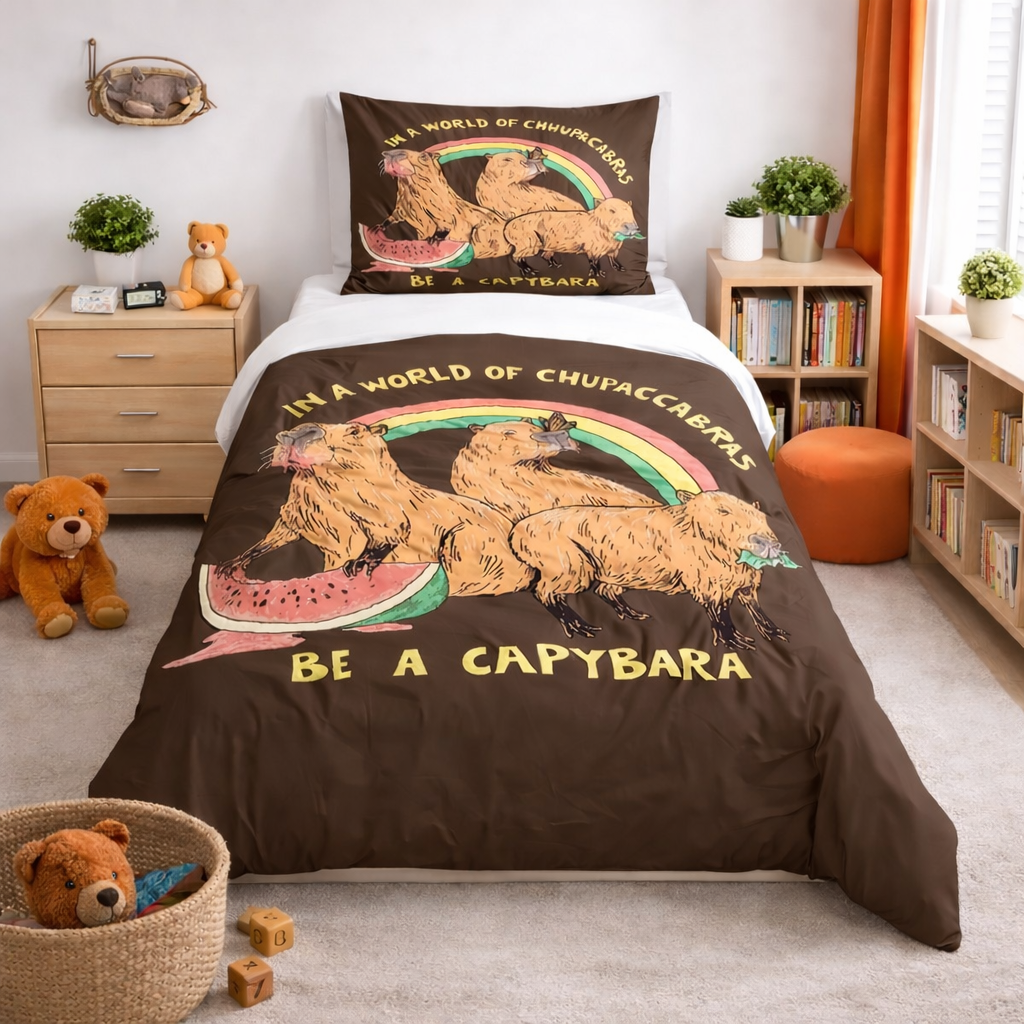 Bedding set with capybara design in a room with teddy bears and books.