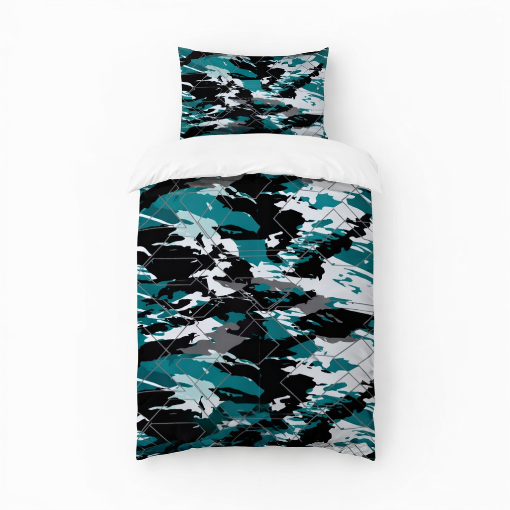 Multicoloured camo design single bedding set on a white background