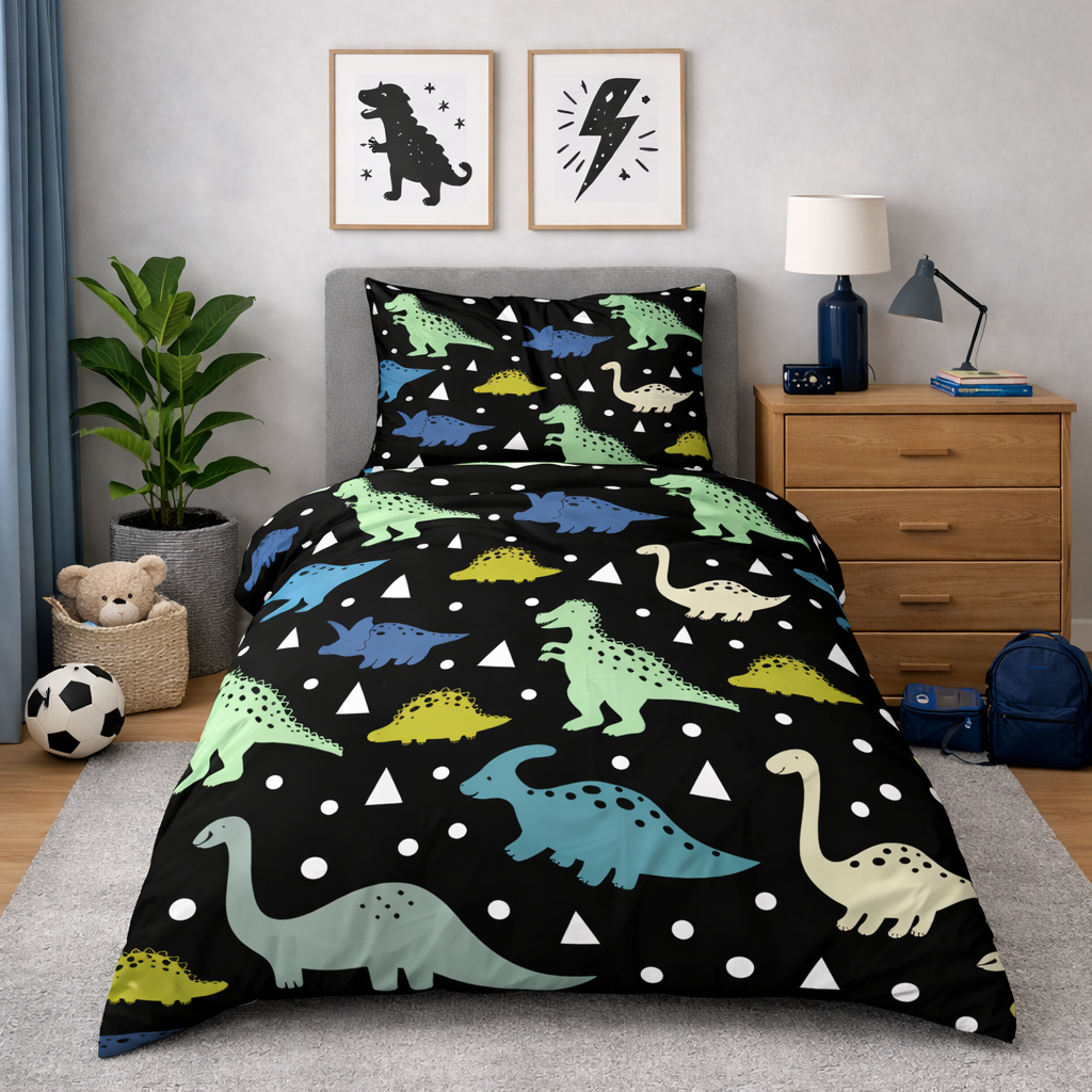 Children's bedroom with dinosaur-themed bedding set on a bed.
