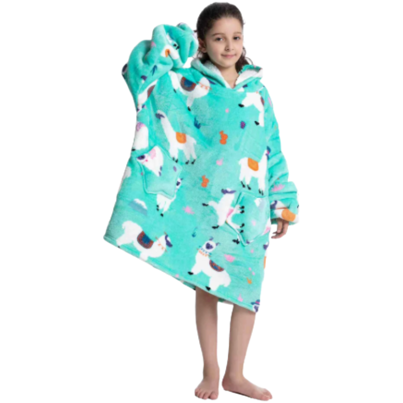 Child wearing A green alpaca oversized wearable hoodie on a white background.