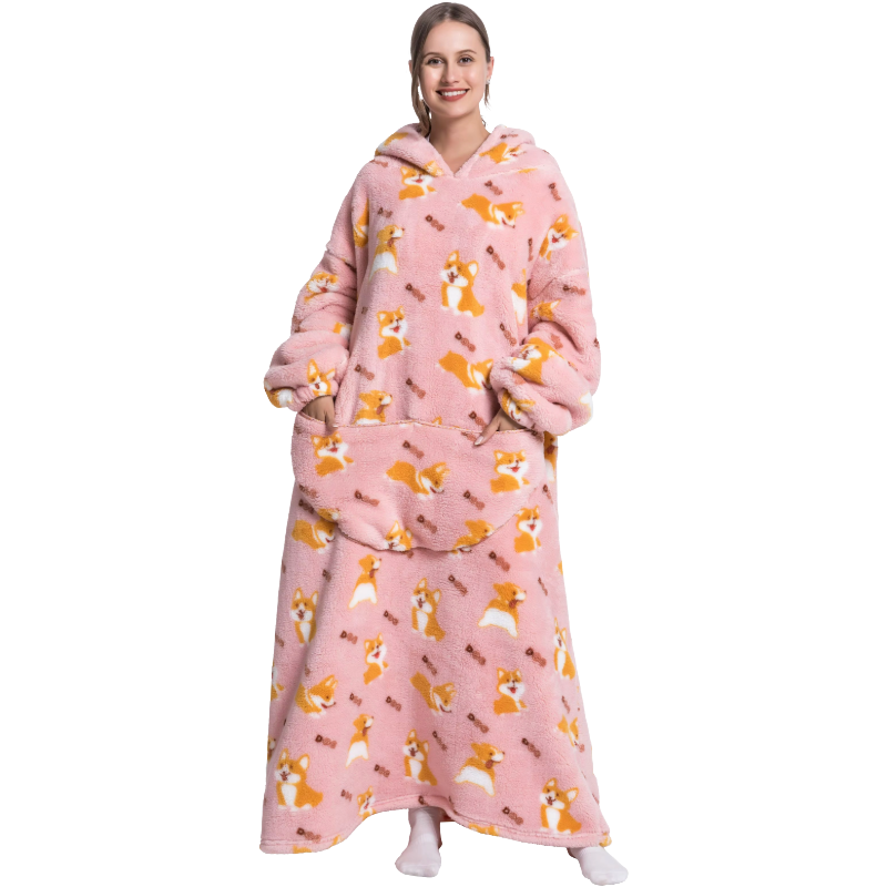 Person wearing a pink hoodie with dog pattern on a white background