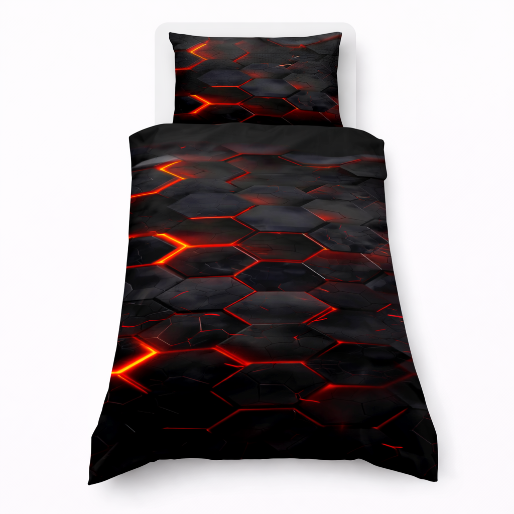 Black and red neon geo design bedding set on a white background