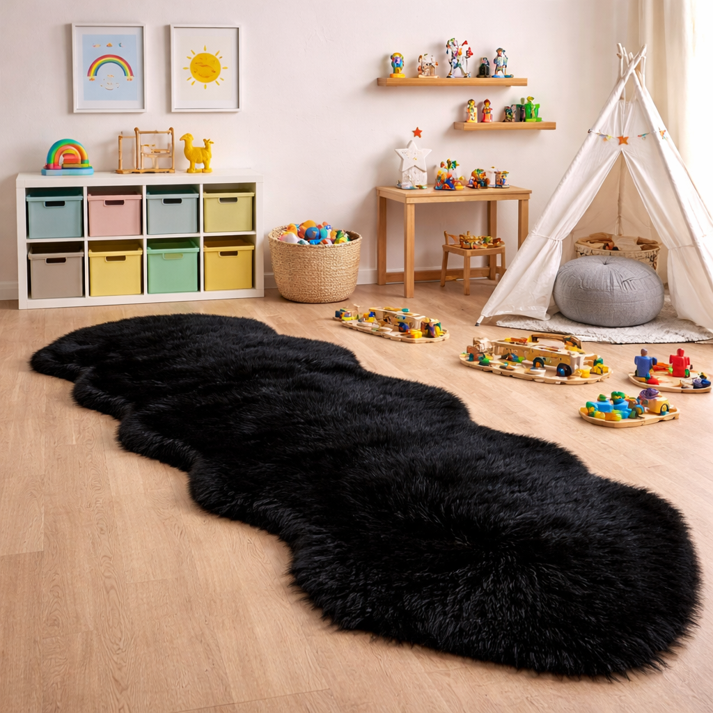 Black fluffy rug on a wooden floor with colourful toys and a tepee in the background.
