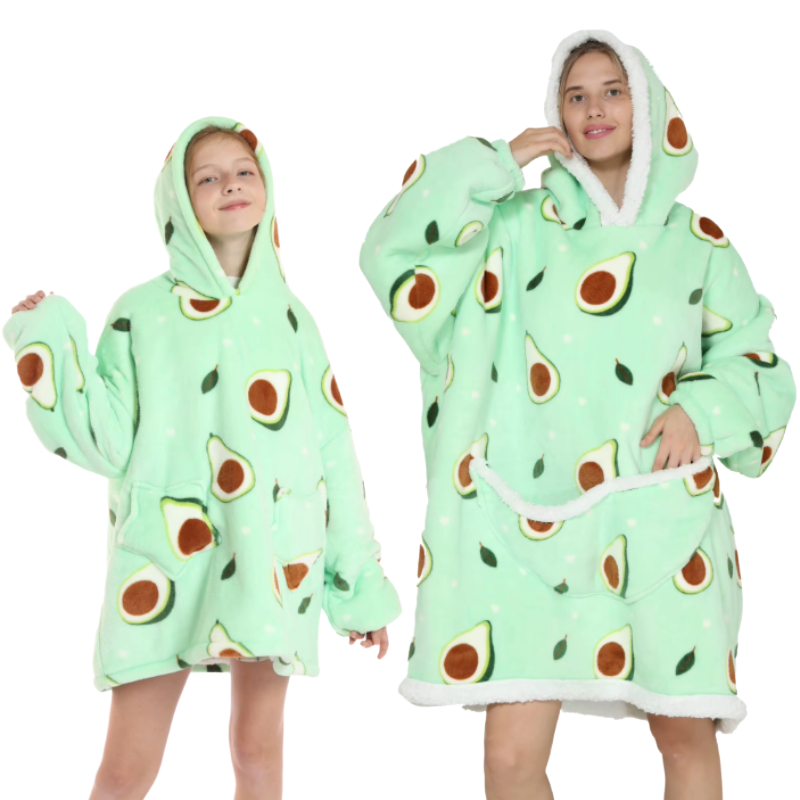 Teen and adult wearing avocado green oversized wearable hoodies indoors.